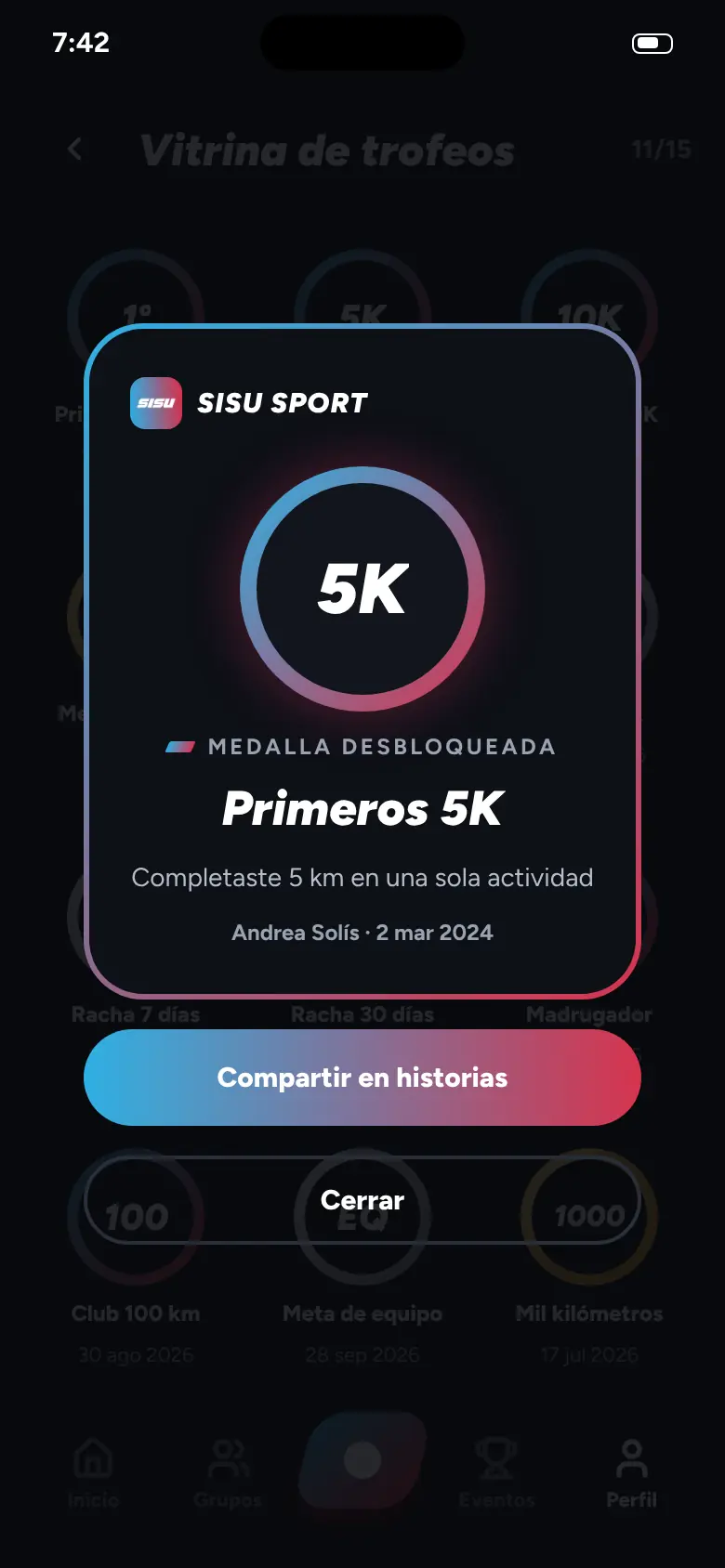 Tarjeta de celebración de la medalla Primeros 5K