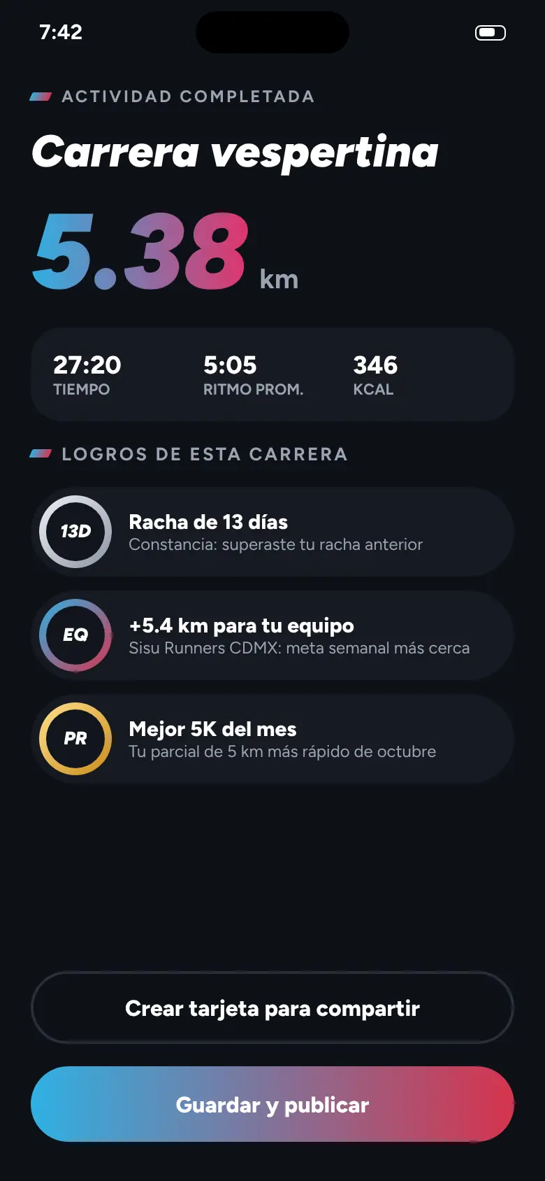 Resumen de una carrera de 5.38 km con logros